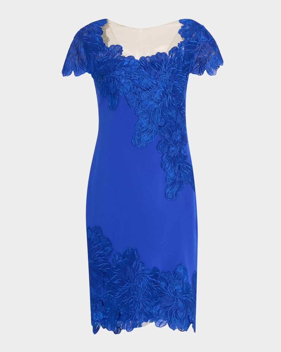 Lace Crepe Cap-Sleeve Dress